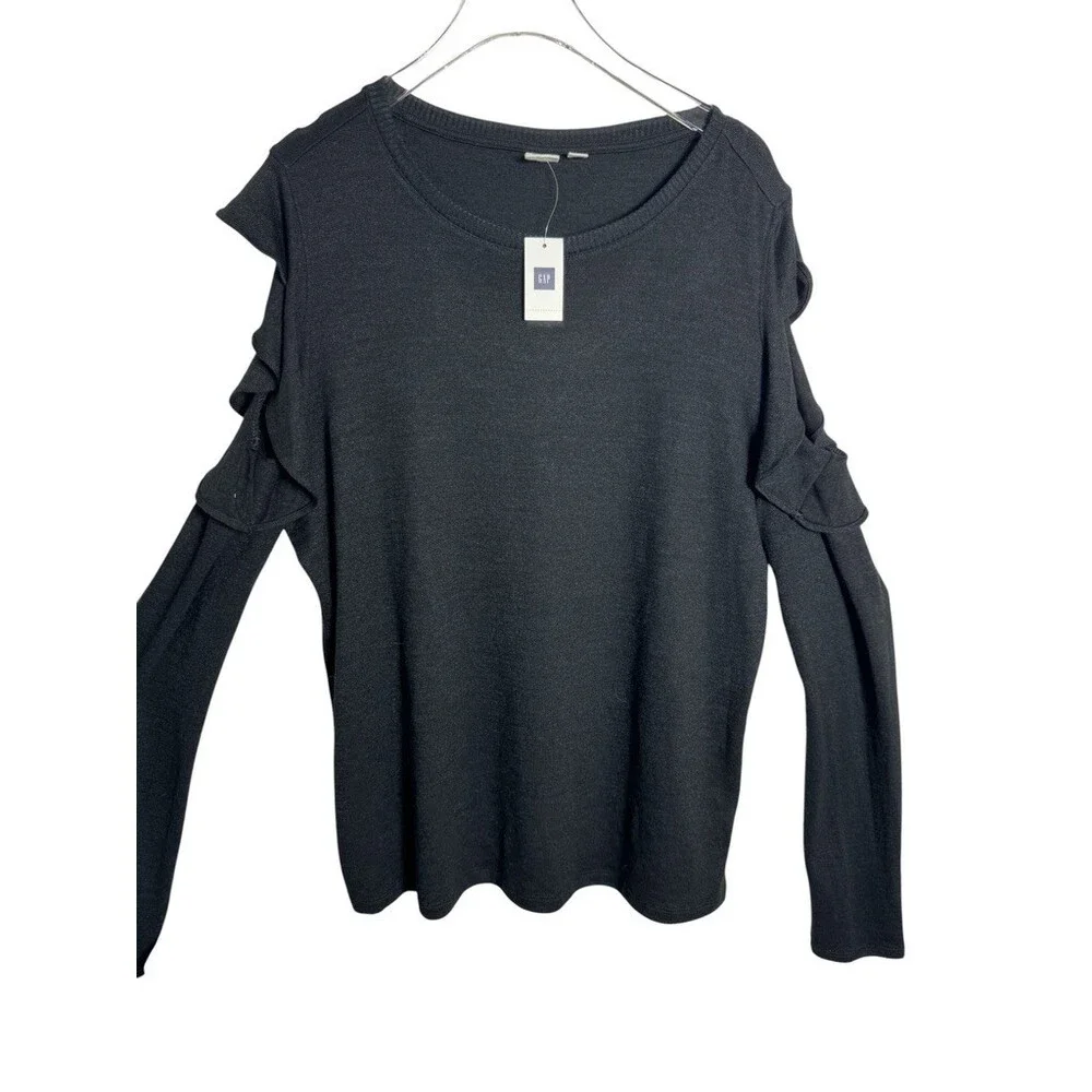Gap Softspun Ruffled Cold Shoulder Sweater Knit Top Women XL Tall Black NWT